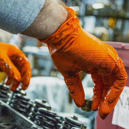 NYTRASHIELD Stealth Grip Orange Nitrile Gloves - Diamond Textured Heavy Duty Disposable Gloves