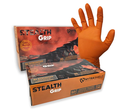 NYTRASHIELD Stealth Grip Orange Nitrile Gloves - Diamond Textured Heavy Duty Disposable Gloves